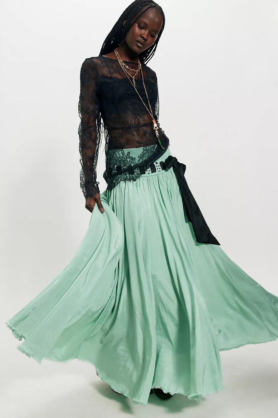 Free People HARLOW A-Line Ribbon Bow Maxi Skirt in Mint Green Size XS NWOT $198